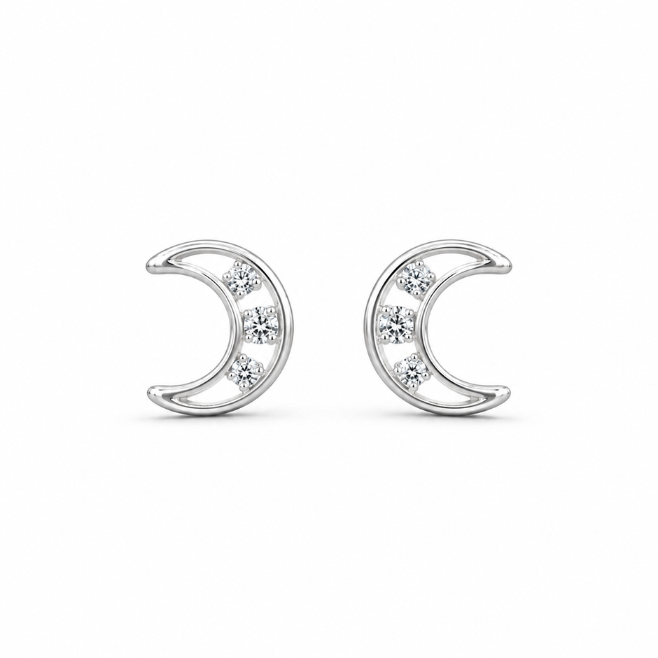 Crescent Moon CZ Diamond 925 Sterling Silver Stud Earrings for Women