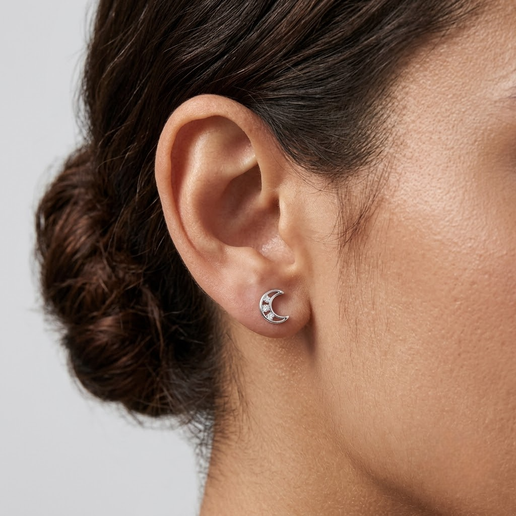 Crescent Moon CZ Diamond 925 Sterling Silver Stud Earrings for Women