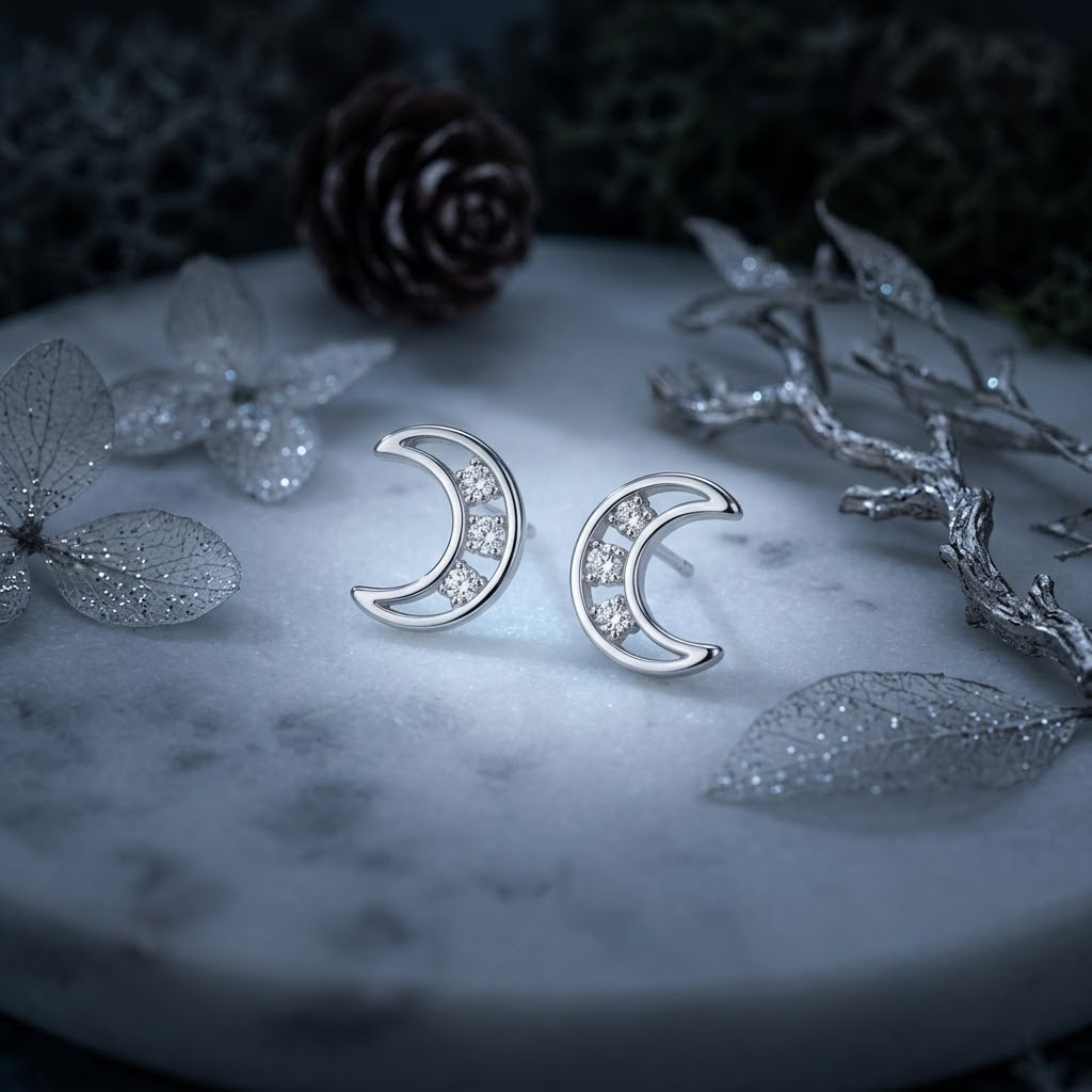 Crescent Moon CZ Diamond 925 Sterling Silver Stud Earrings for Women