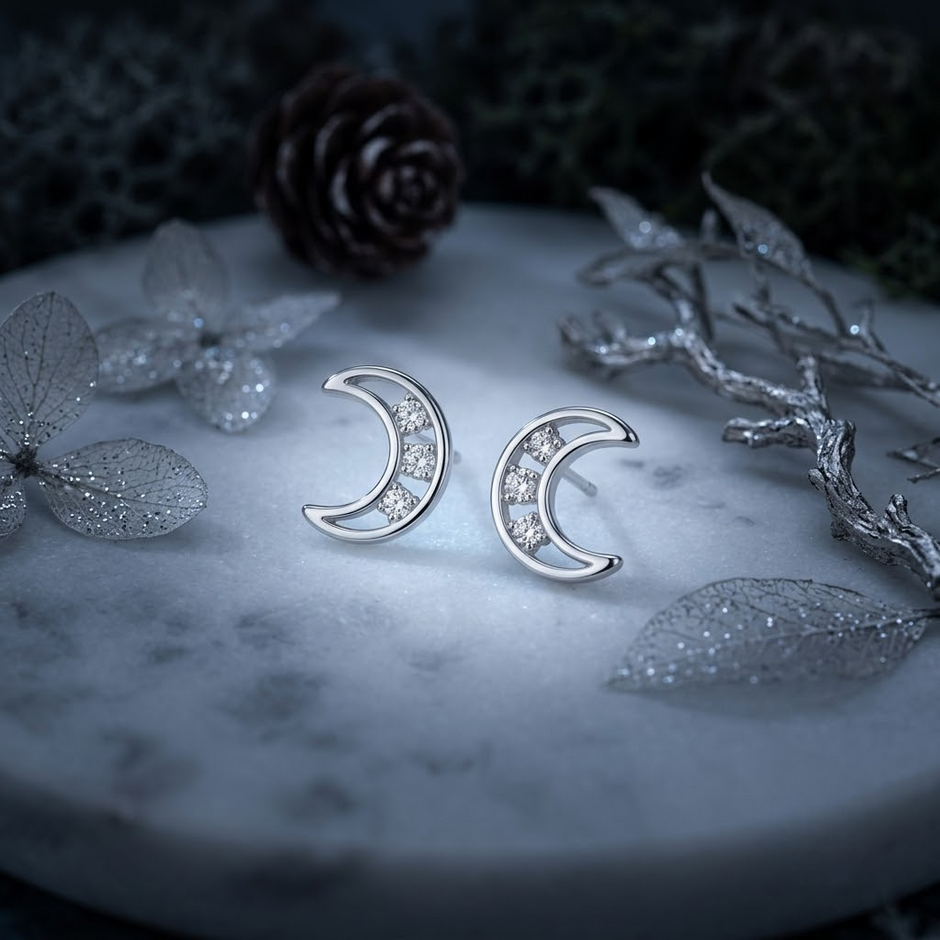 Crescent Moon CZ Diamond 925 Sterling Silver Stud Earrings for Women