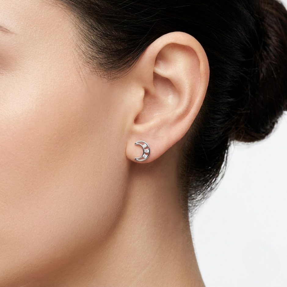 Crescent Moon CZ Diamond 925 Sterling Silver Stud Earrings for Women