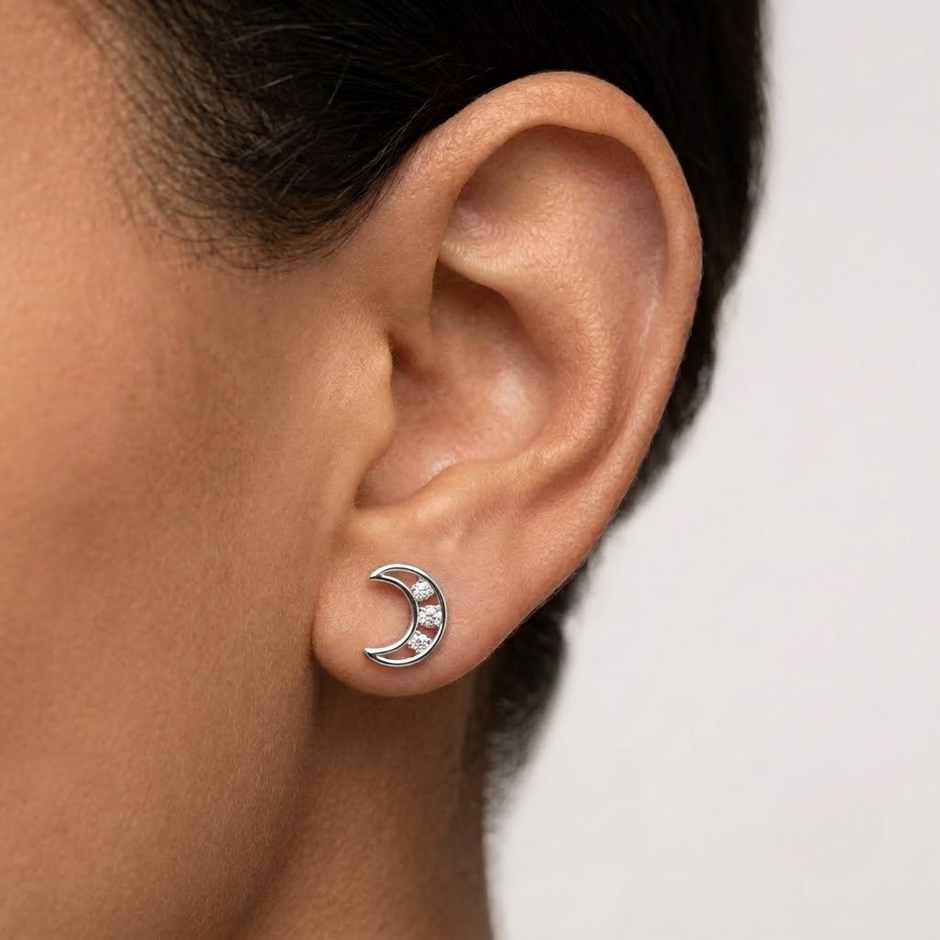Crescent Moon CZ Diamond 925 Sterling Silver Stud Earrings for Women