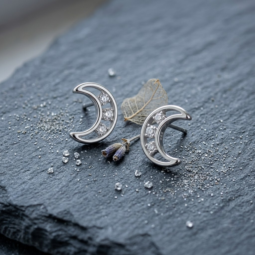 Crescent Moon CZ Diamond 925 Sterling Silver Stud Earrings for Women