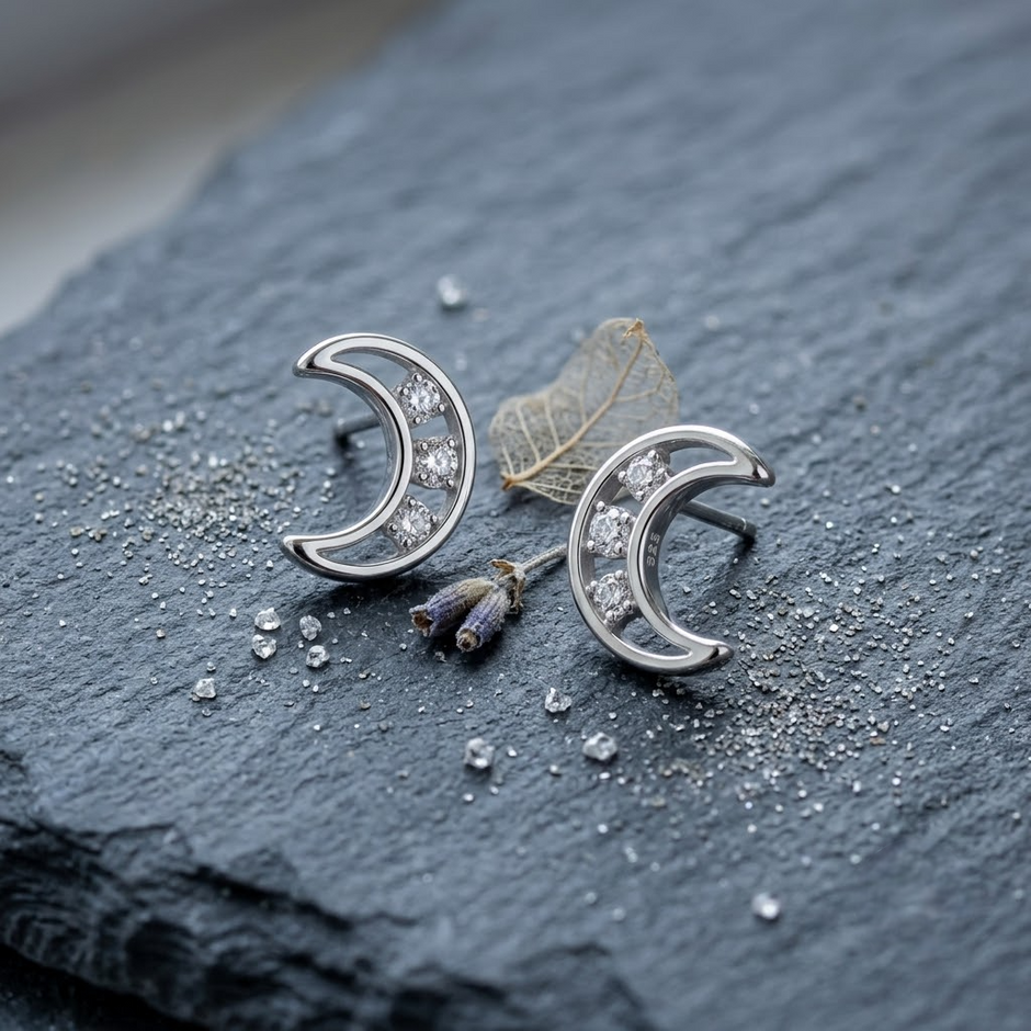 Crescent Moon CZ Diamond 925 Sterling Silver Stud Earrings for Women