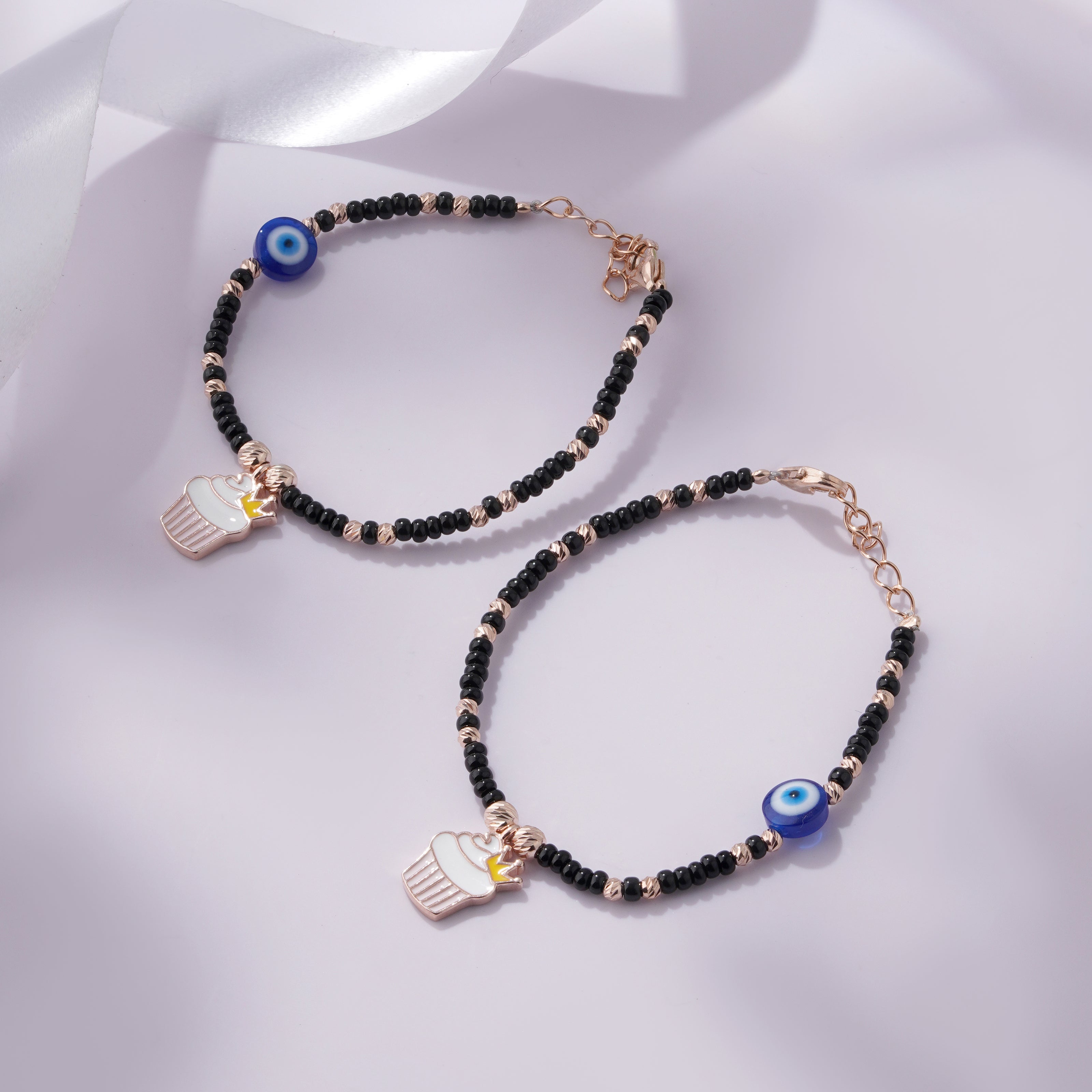 Crowned Cupcake Evil Eye Beaded 925 Sterling Silver Rose Gold Kid's Bracelet