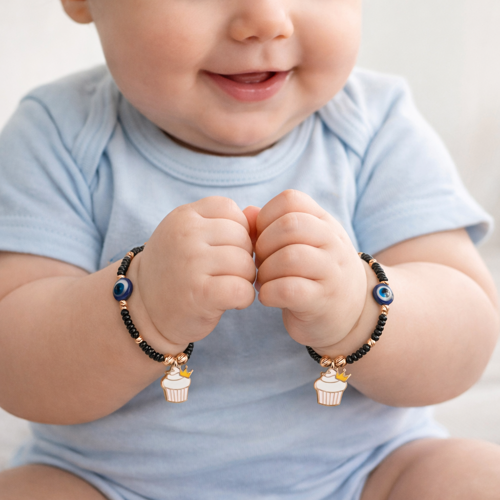 Crowned Cupcake Evil Eye Beaded 925 Sterling Silver Rose Gold Kid's Bracelet