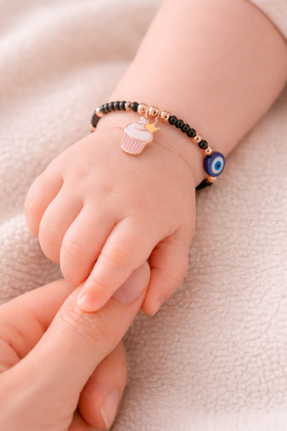 Crowned Cupcake Evil Eye Beaded 925 Sterling Silver Rose Gold Kid's Bracelet