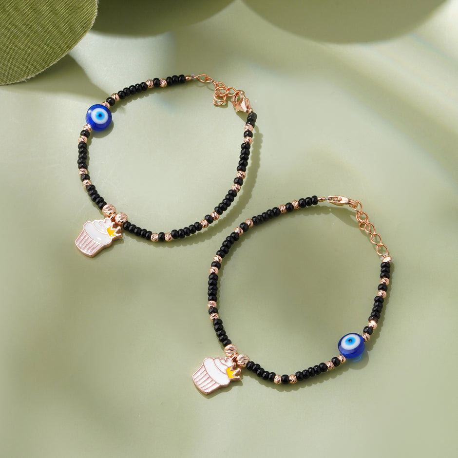 Crowned Cupcake Evil Eye Beaded 925 Sterling Silver Rose Gold Kid's Bracelet