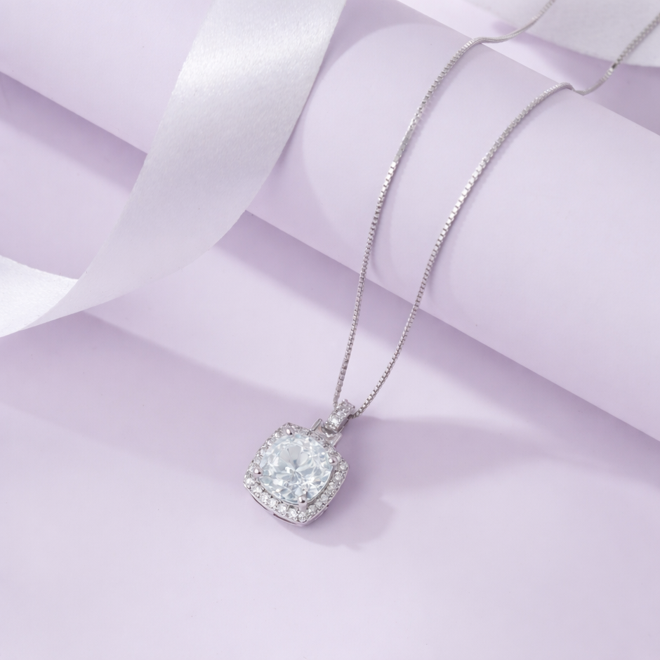 Crystal Halo White Diamond 925 Sterling Silver Pendant Chain for Women