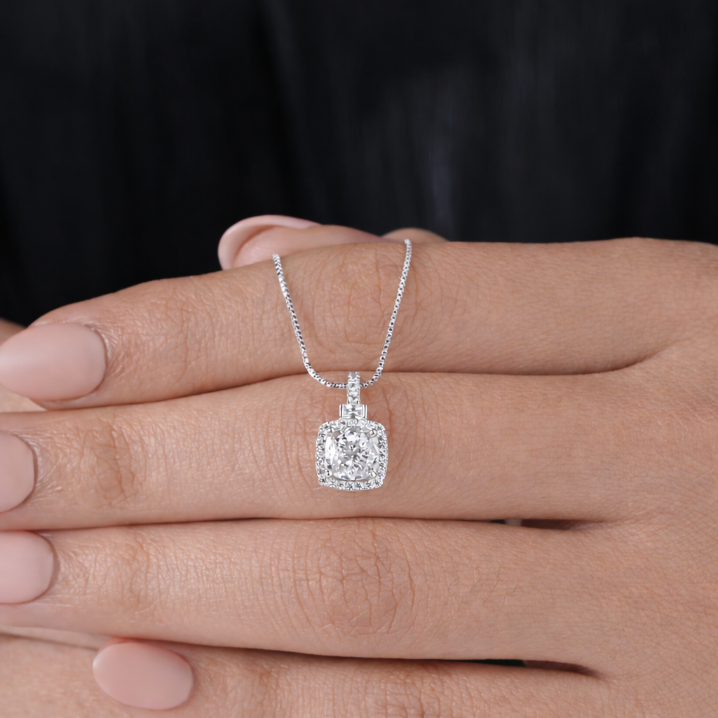 Crystal Halo White Diamond 925 Sterling Silver Pendant Chain for Women