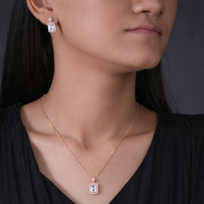Cubic Zirconia Diamond CZ 925 Sterling Silver Rose Gold Pendant Set for Women