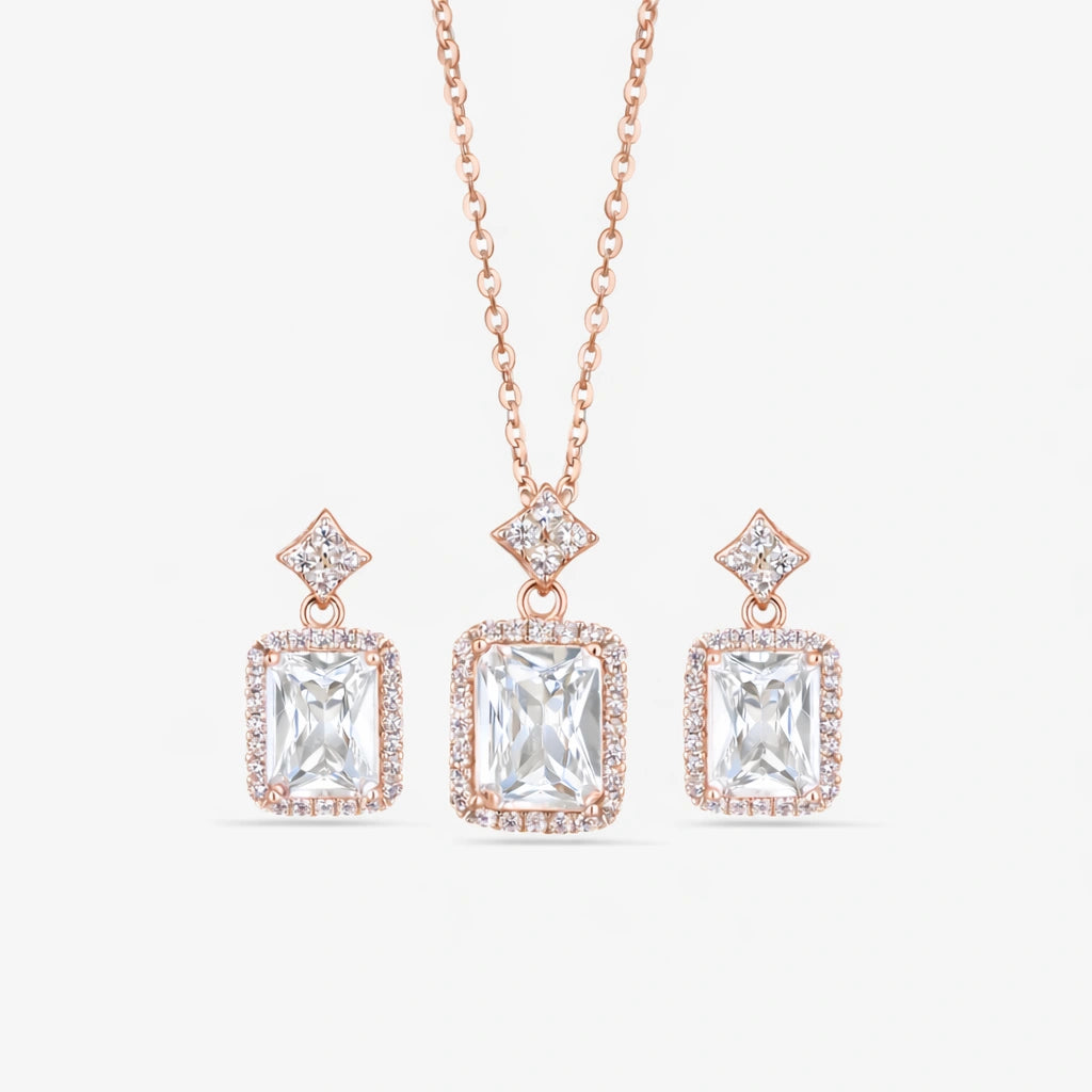 Cubic Zirconia Diamond CZ 925 Sterling Silver Rose Gold Pendant Set for Women
