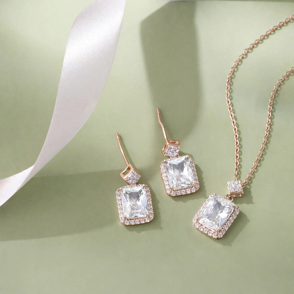Cubic Zirconia Diamond CZ 925 Sterling Silver Rose Gold Pendant Set for Women