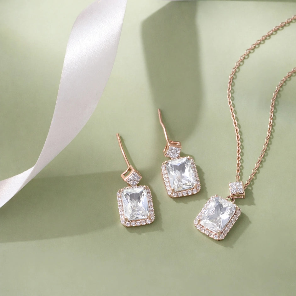 Cubic Zirconia Diamond CZ 925 Sterling Silver Rose Gold Pendant Set for Women