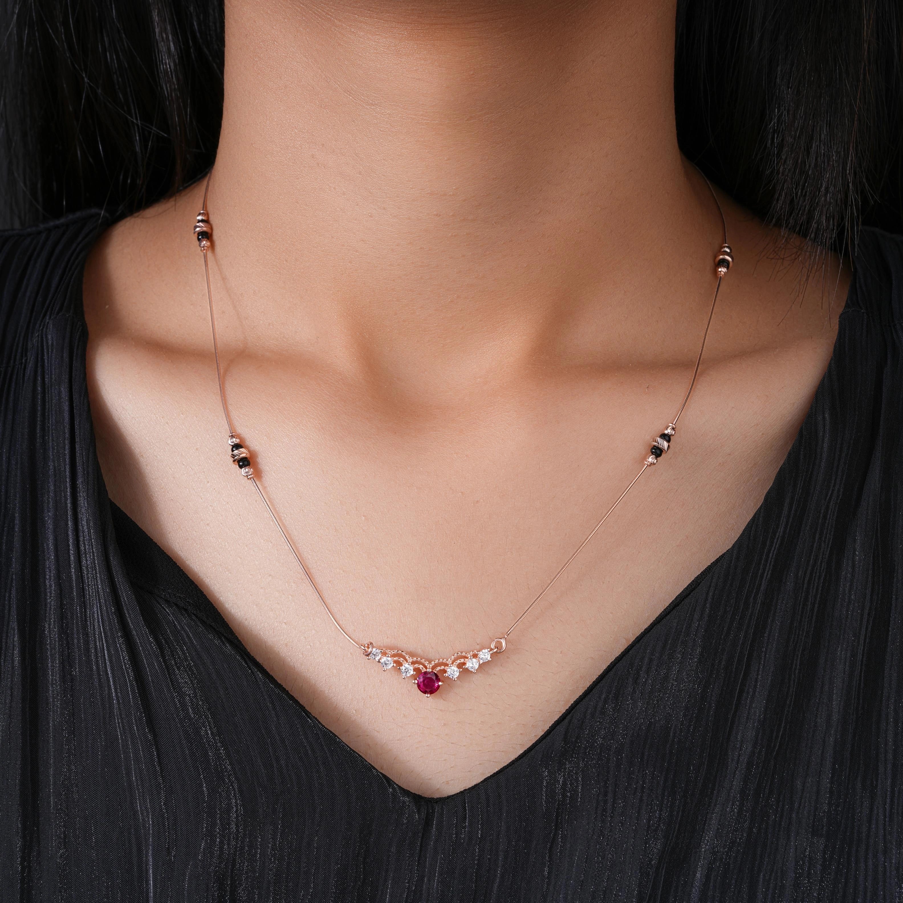 Curve Red Stone 925 Sterling Silver Rose Gold Mangalsutra for Women
