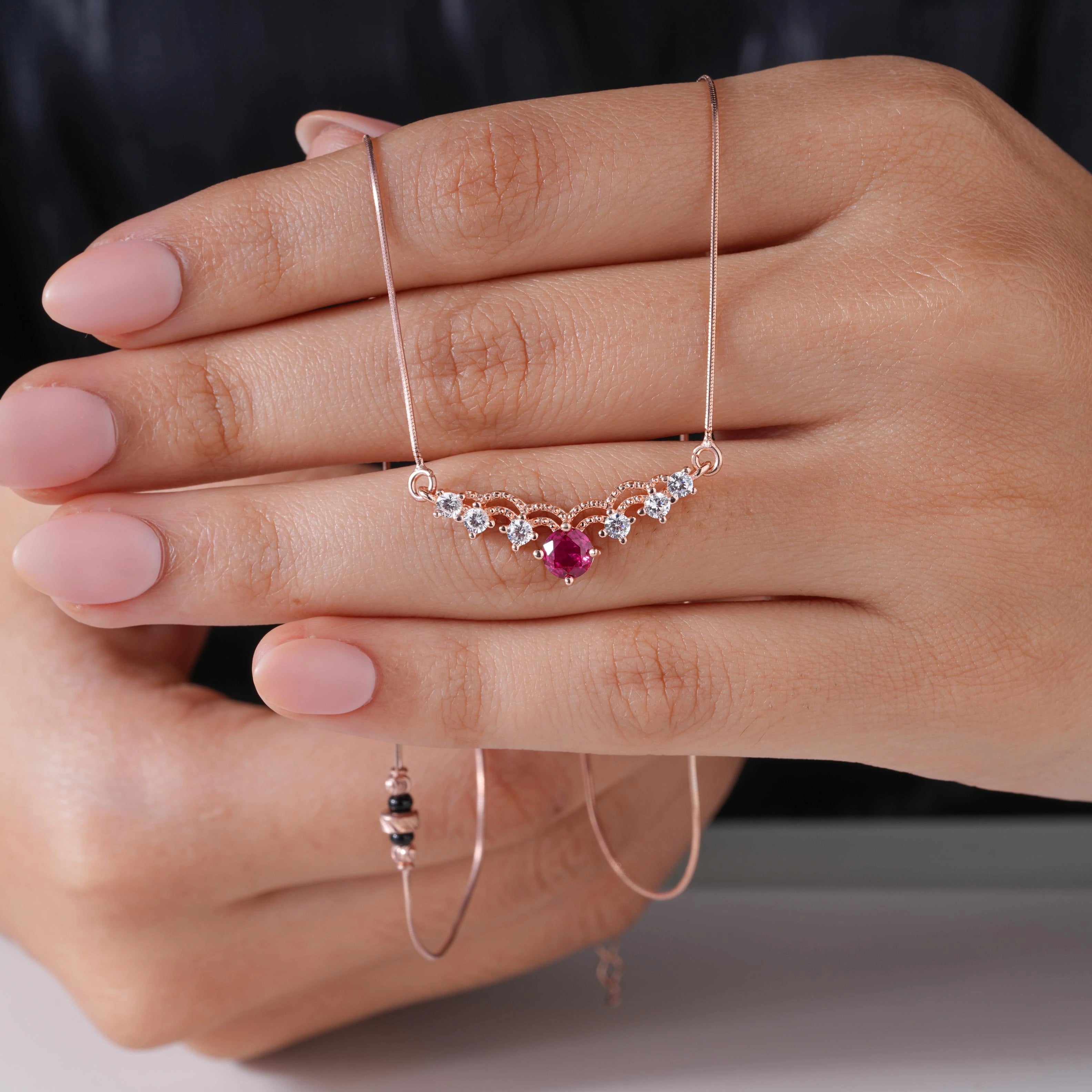 Curve Red Stone 925 Sterling Silver Rose Gold Mangalsutra for Women