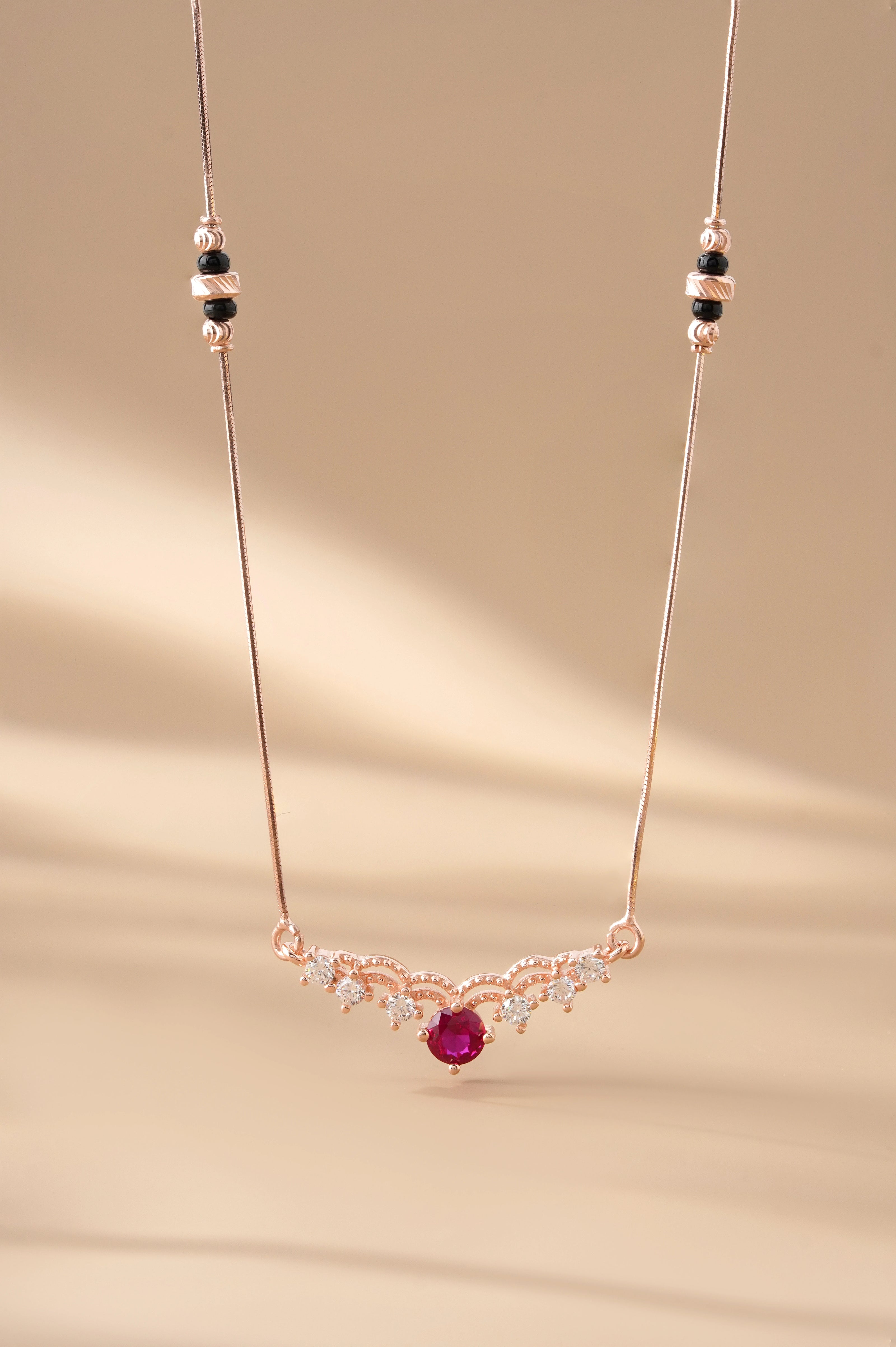 Curve Red Stone 925 Sterling Silver Rose Gold Mangalsutra for Women