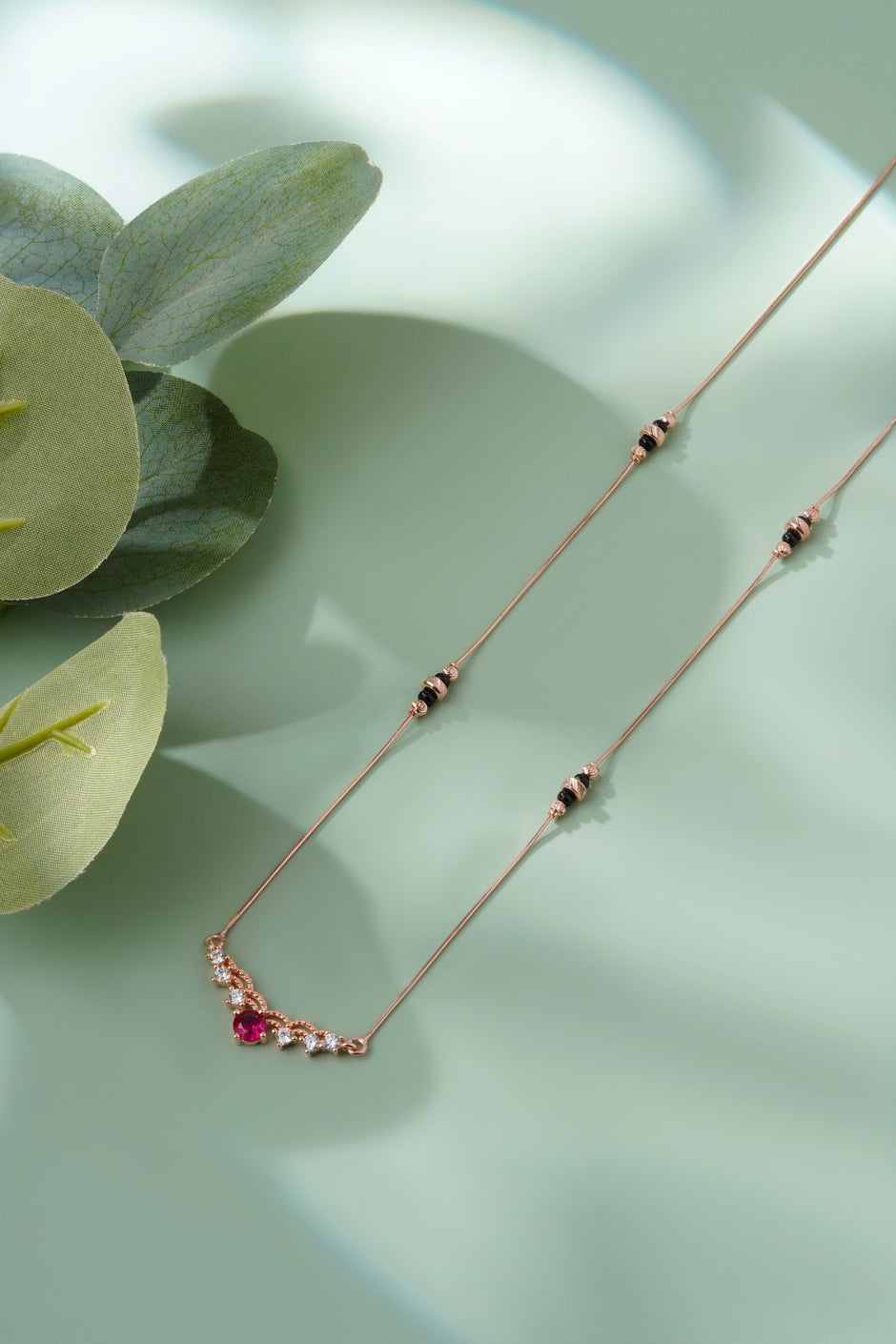Curve Red Stone 925 Sterling Silver Rose Gold Mangalsutra for Women
