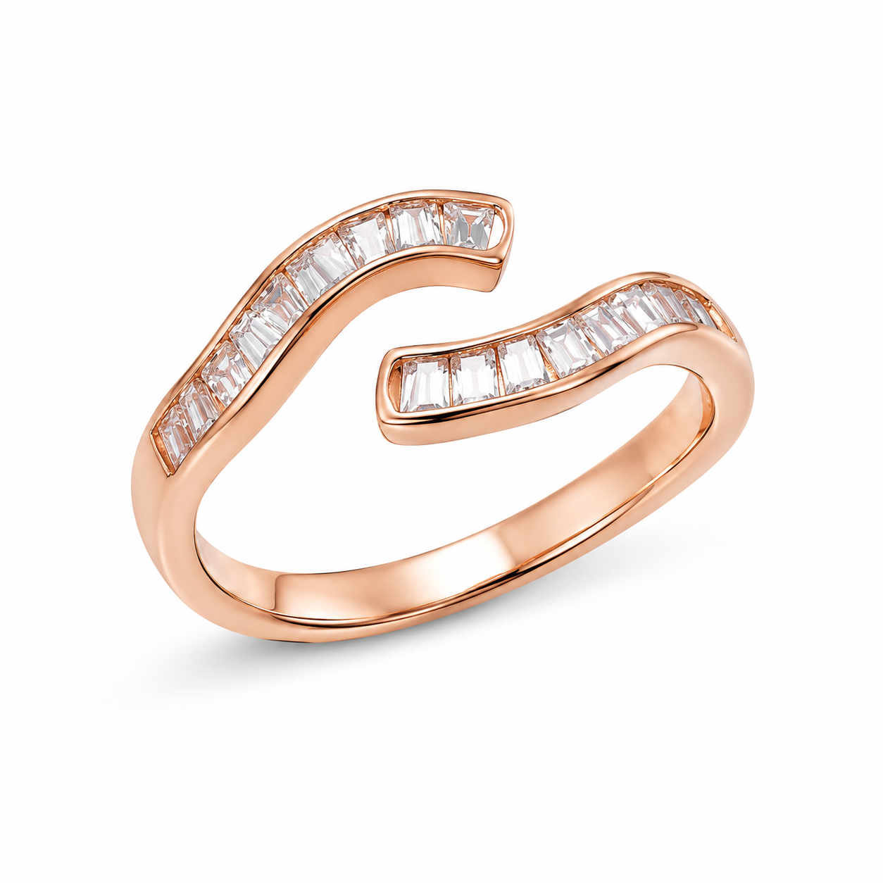 925 Sterling Silver Rose Gold Curved Baguette CZ Open Ring