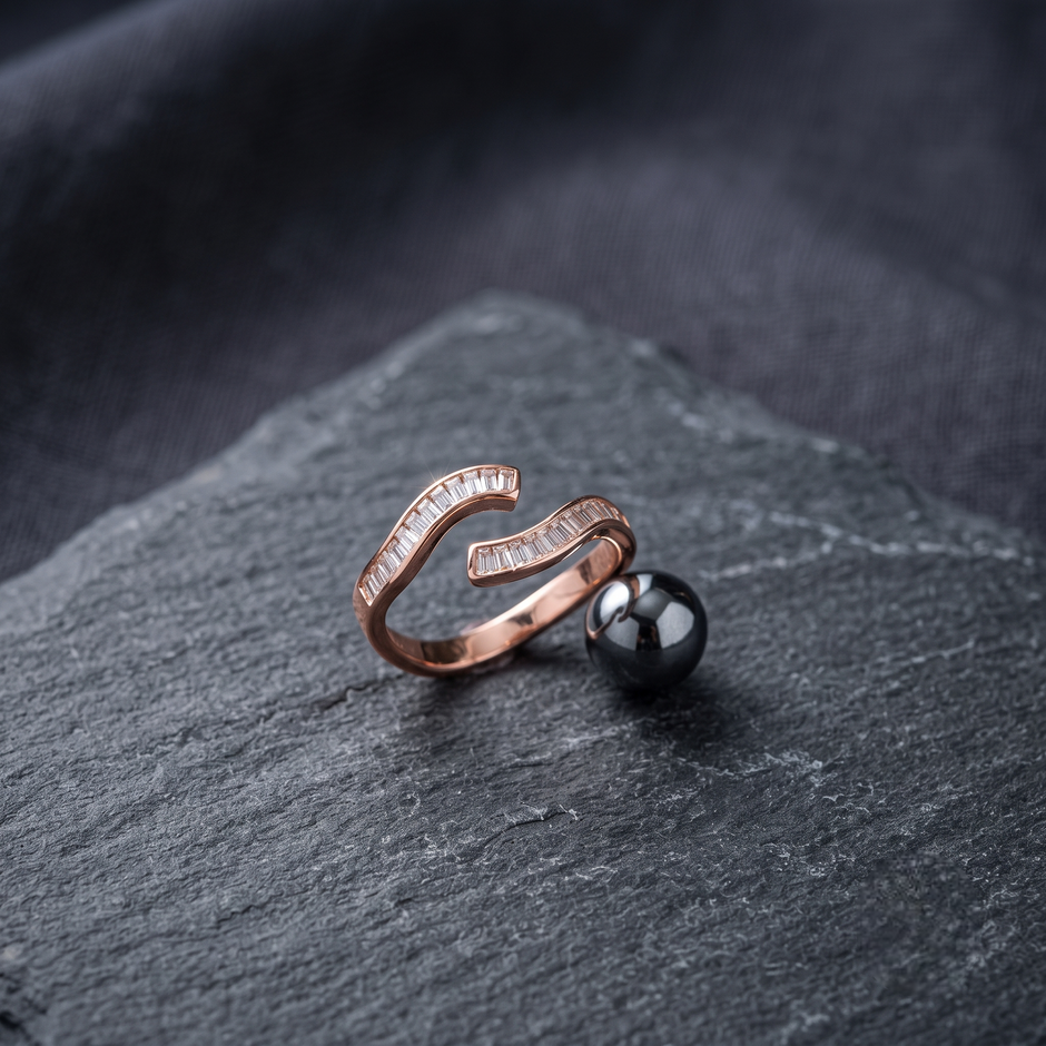 925 Sterling Silver Rose Gold Curved Baguette CZ Open Ring