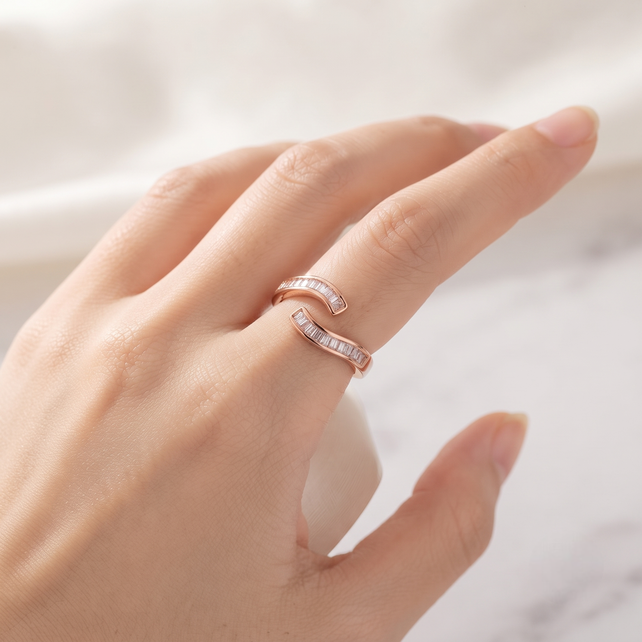 925 Sterling Silver Rose Gold Curved Baguette CZ Open Ring