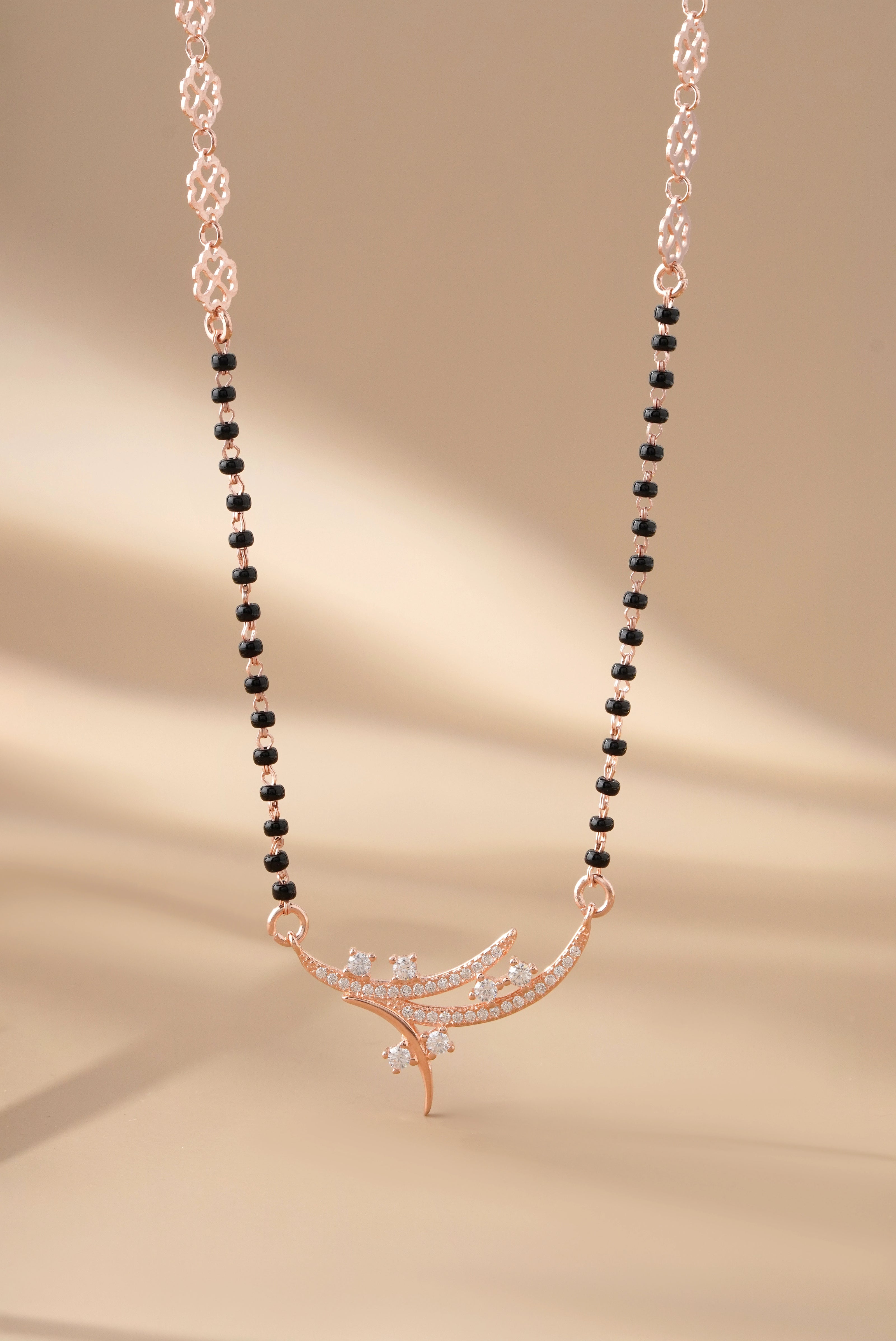 Curved Design Black Bead Chain 925 Sterling Silver Mangalsutra for Women