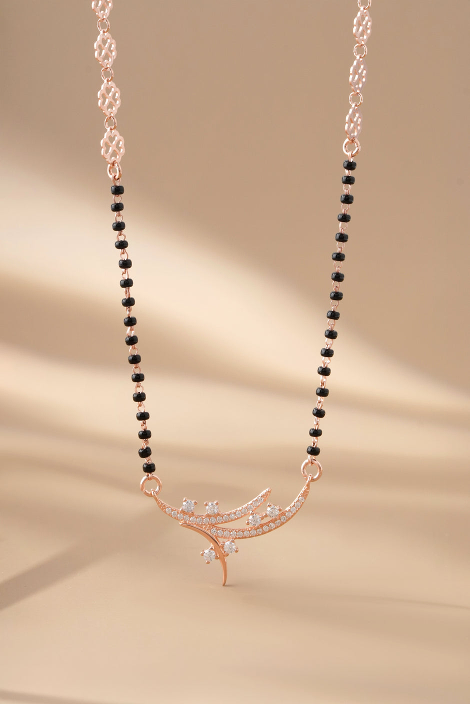 Curved Design Black Bead Chain 925 Sterling Silver Mangalsutra for Women