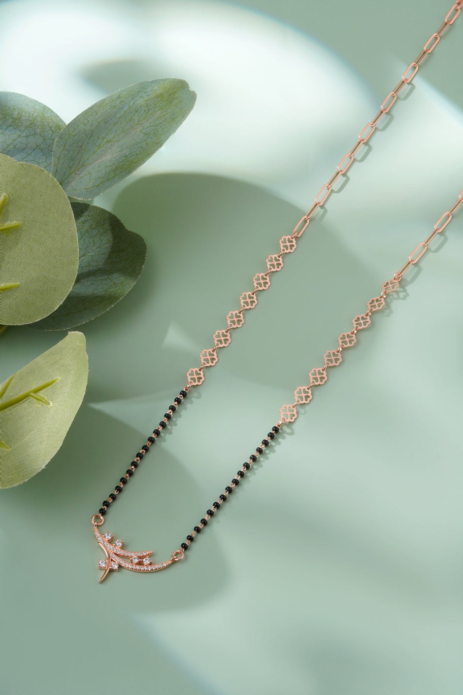 Curved Design Black Bead Chain 925 Sterling Silver Mangalsutra for Women
