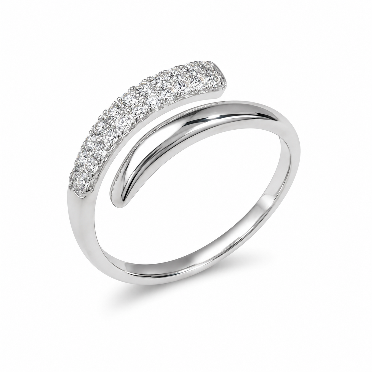 925 Sterling Silver Curved Pavé Cubic Zirconia Ring for Women – Minimalist Open Wrap Band