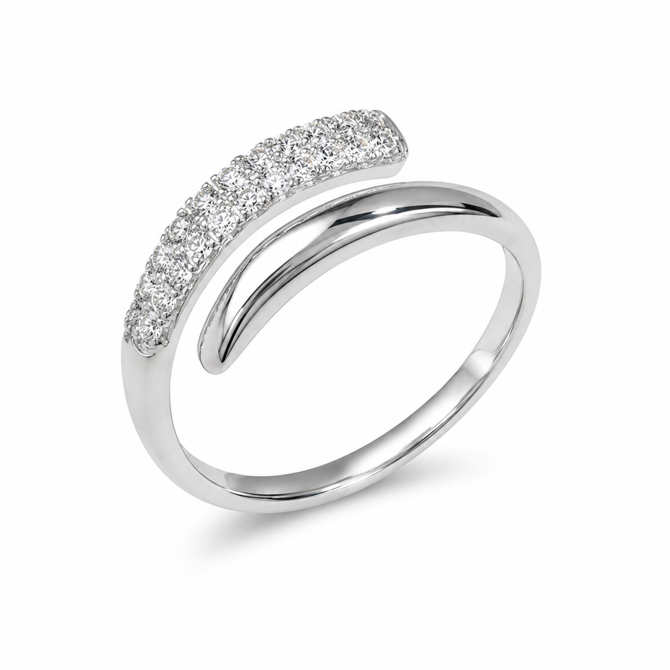 925 Sterling Silver Curved Pavé Cubic Zirconia Ring for Women – Minimalist Open Wrap Band
