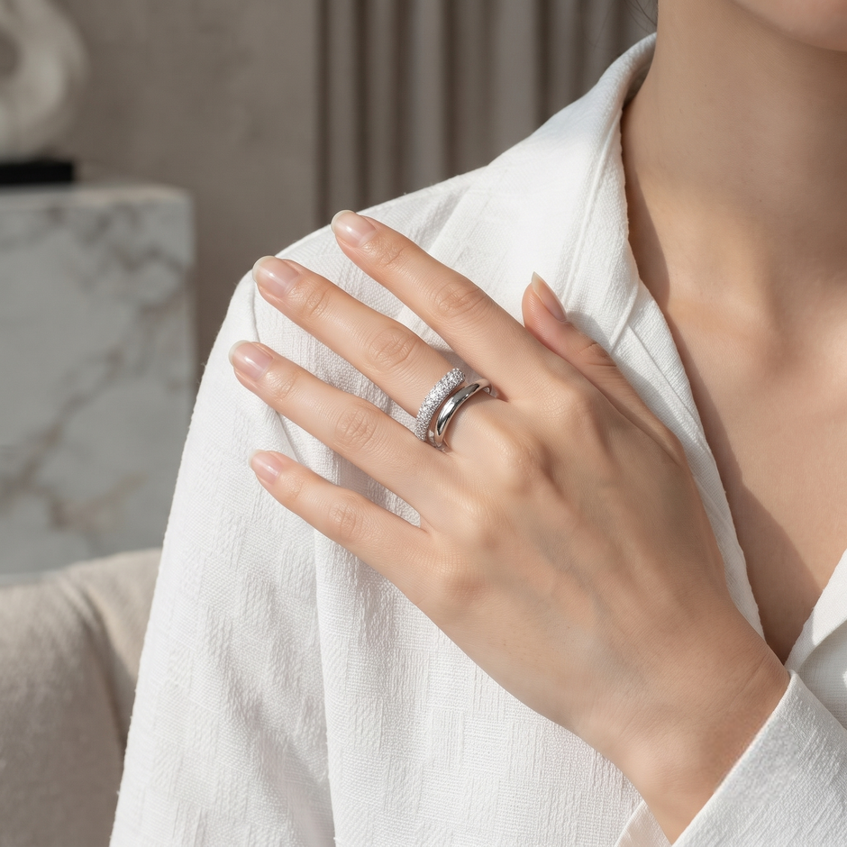 925 Sterling Silver Curved Pavé Cubic Zirconia Ring for Women – Minimalist Open Wrap Band