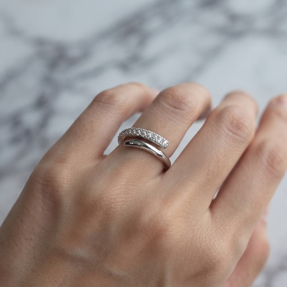 925 Sterling Silver Curved Pavé Cubic Zirconia Ring for Women – Minimalist Open Wrap Band