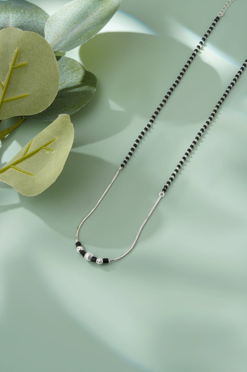 Curved Silver Black Beaded 925 Sterling Silver Mangalsutra  for Women