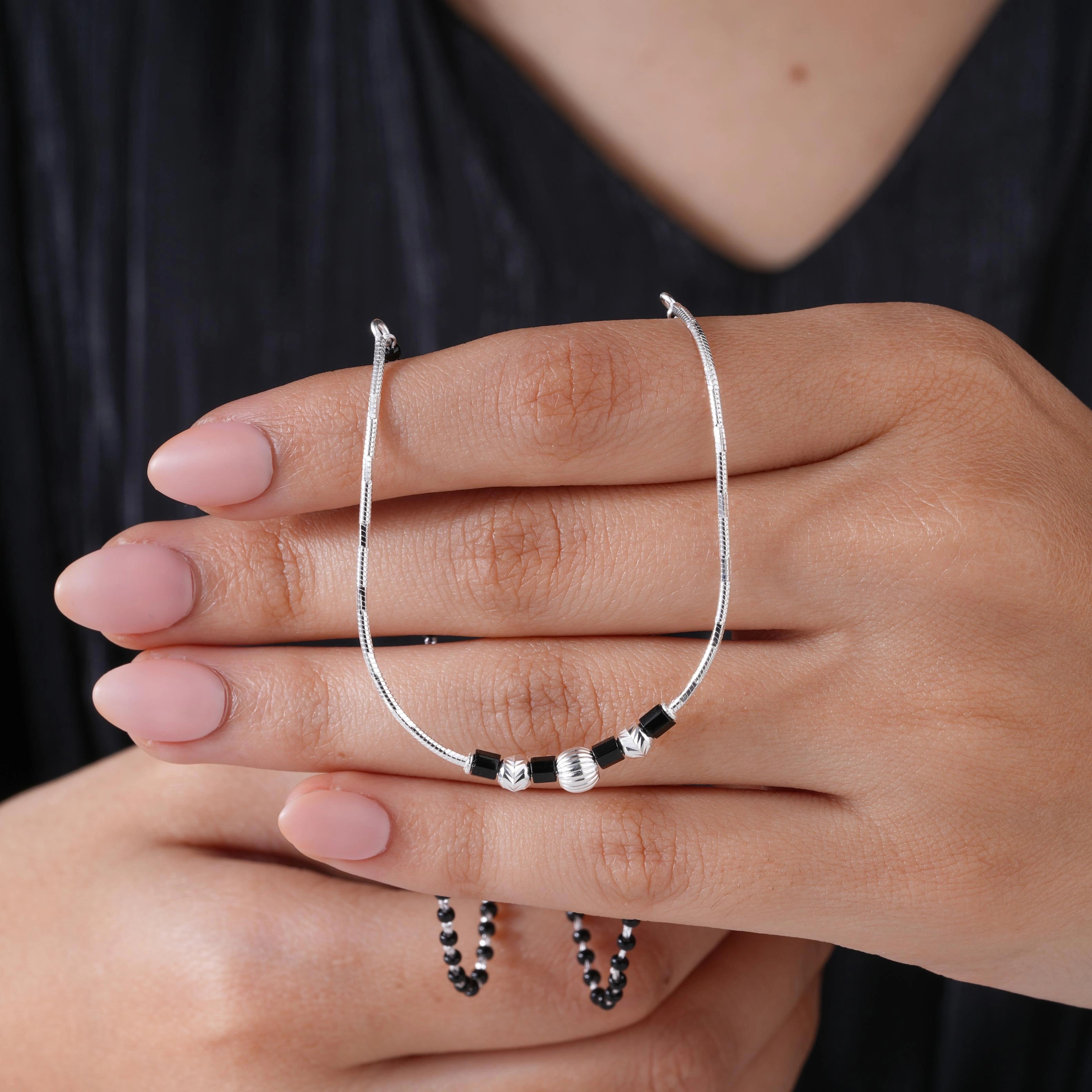Curved Silver Black Beaded 925 Sterling Silver Mangalsutra  for Women