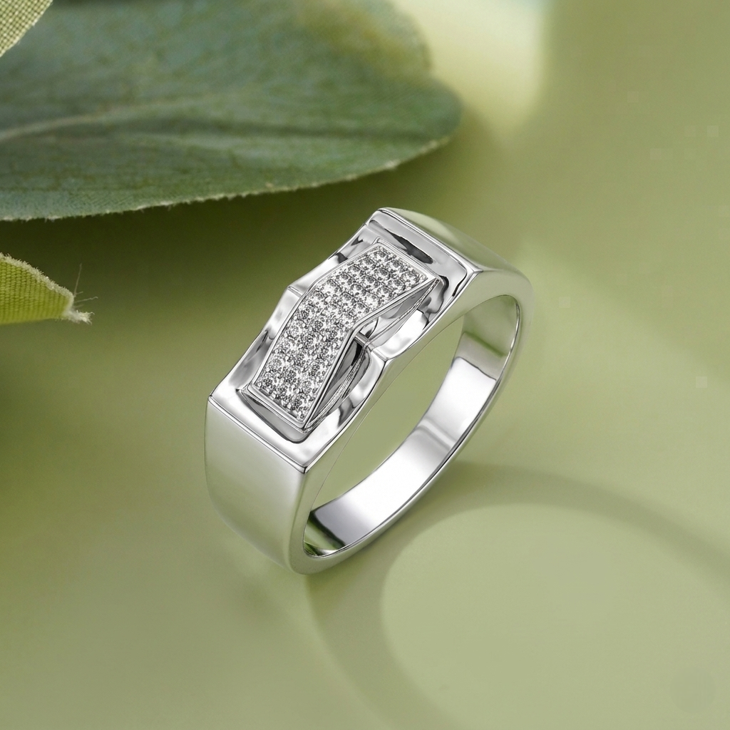 Curved CZ Design 925 Sterling Silver Men's Modern Statement Ring