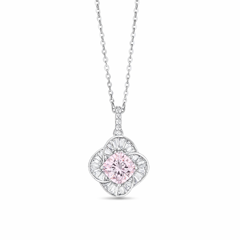Cushion Diamond Floral 925 Sterling Silver Pendant Necklace for Women