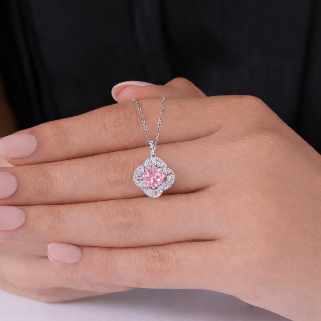 Cushion Diamond Floral 925 Sterling Silver Pendant Necklace for Women