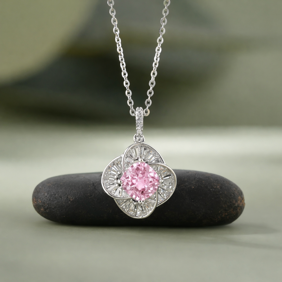 Cushion Diamond Floral 925 Sterling Silver Pendant Necklace for Women