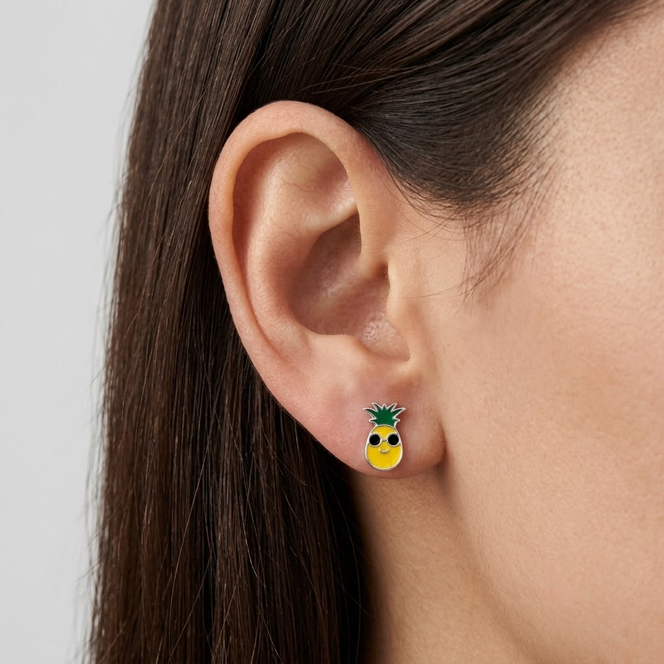 Cute Pineapple Enamel 925 Sterling Silver Stud Earrings for Women & Girls