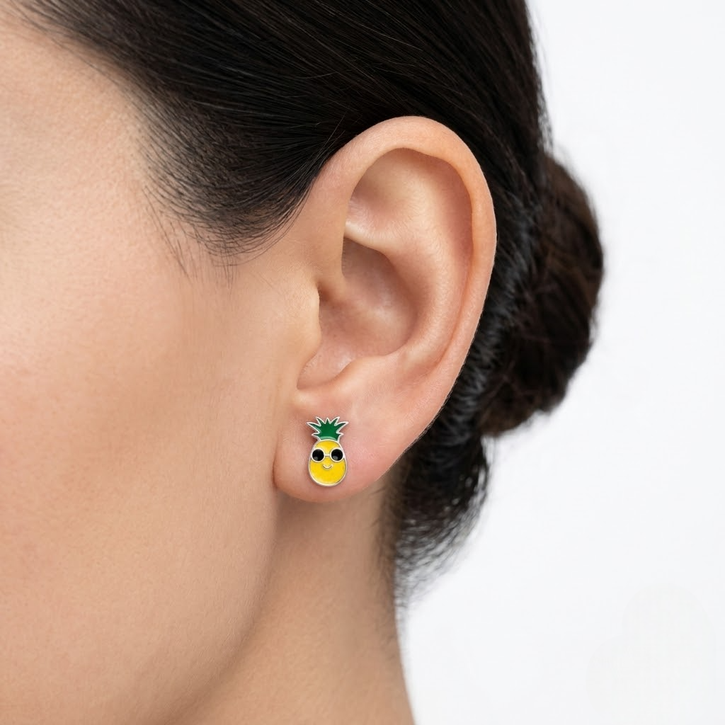 Cute Pineapple Enamel 925 Sterling Silver Stud Earrings for Women & Girls
