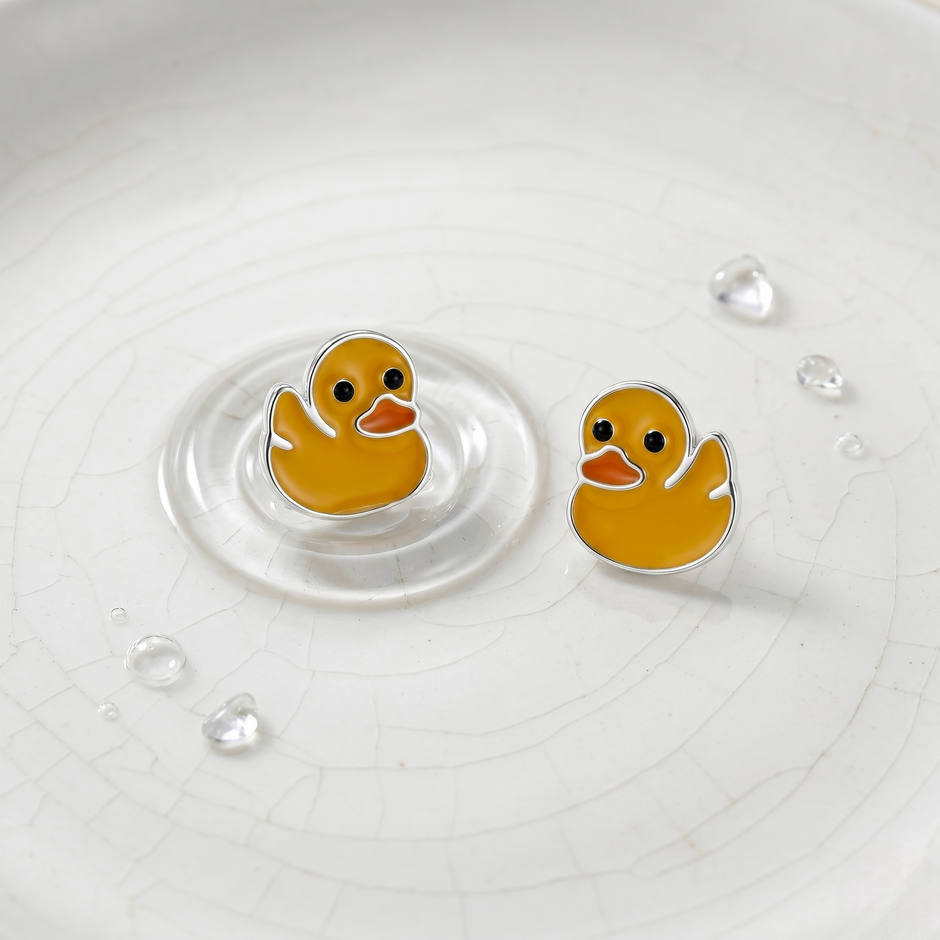 Cute Yellow Duck Enamel Design 925 Sterling Silver Stud Earrings for Kids