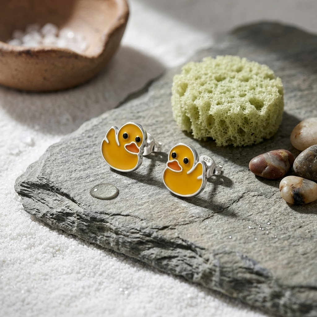 Cute Yellow Duck Enamel Design 925 Sterling Silver Stud Earrings for Kids