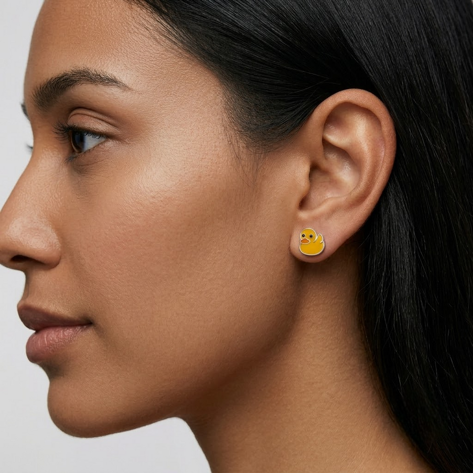 Cute Yellow Duck Enamel Design 925 Sterling Silver Stud Earrings for Kids