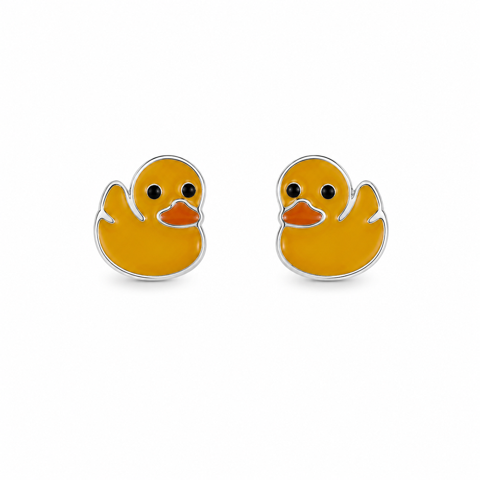 Cute Yellow Duck Enamel Design 925 Sterling Silver Stud Earrings for Kids