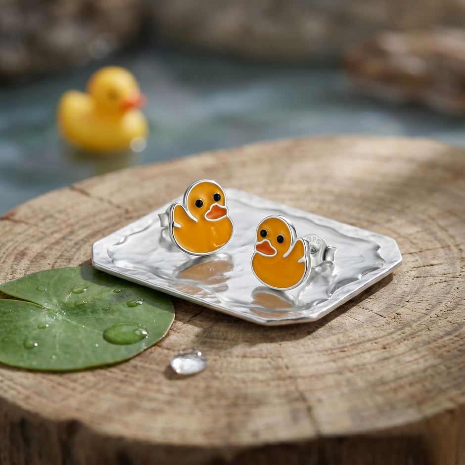 Cute Yellow Duck Enamel Design 925 Sterling Silver Stud Earrings for Kids