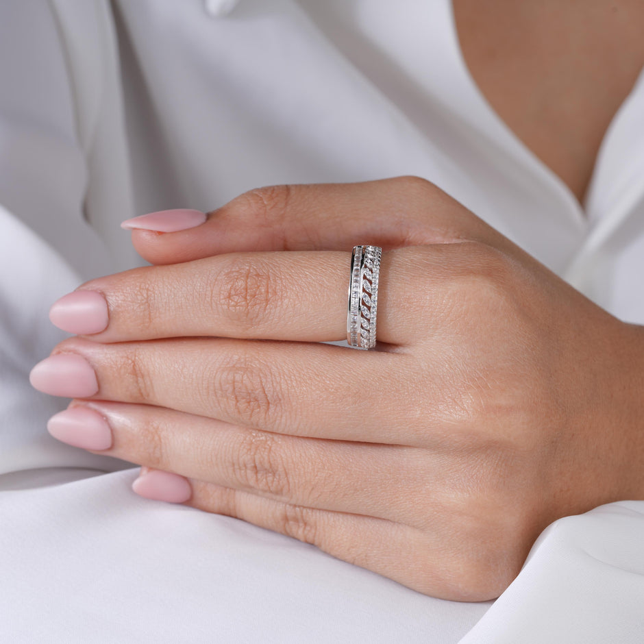 Triple Row Diamond Leaf Design 925 Sterling Silver Ring for Women