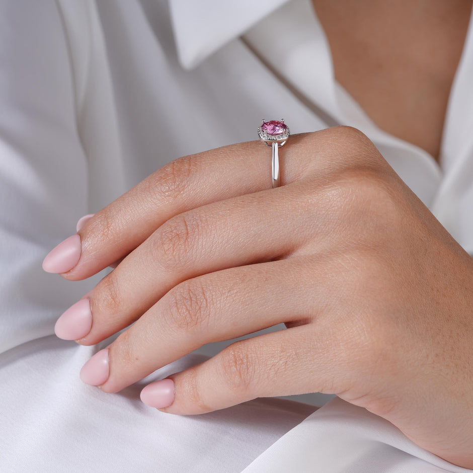 Soft Pink Diamond-Inspired Halo 925 Sterling Silver Solitaire Ring for Women