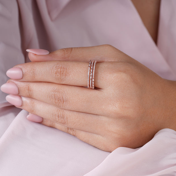 Triple Row Diamond Band 925 Sterling Silver Rose Gold Ring for Women