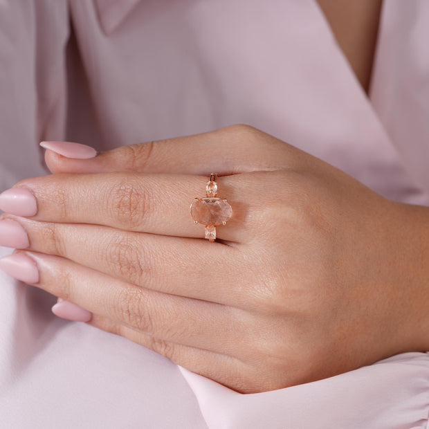 Oval Peach Stone 925 Sterling Silver Solitaire Rose Gold Ring for Women