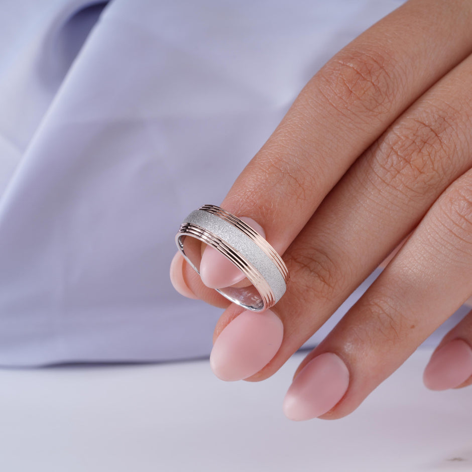 Modern Dual Finish Designer Finish 925 Sterling Silver Rose Gold Couple Band for Men